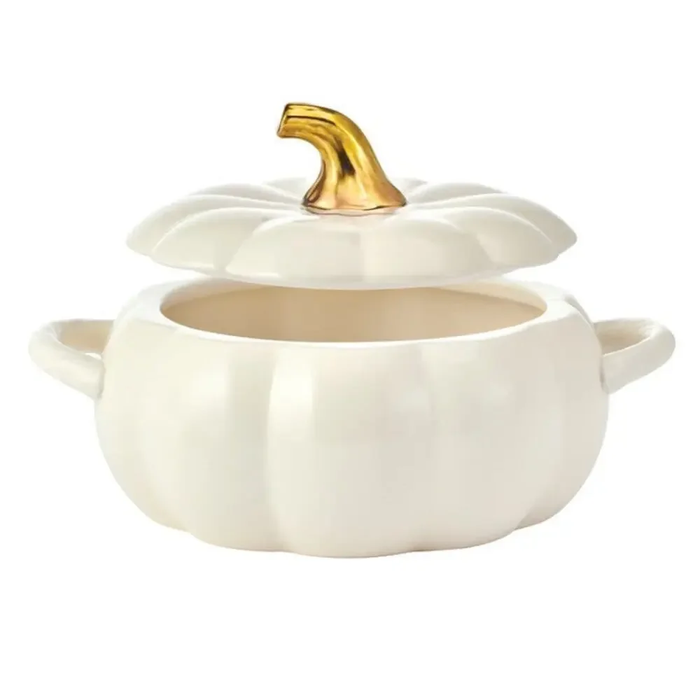Pfaltzgraff White Pumpkin Casserole Dish Stoneware Cream Gold Stem NEW in Box